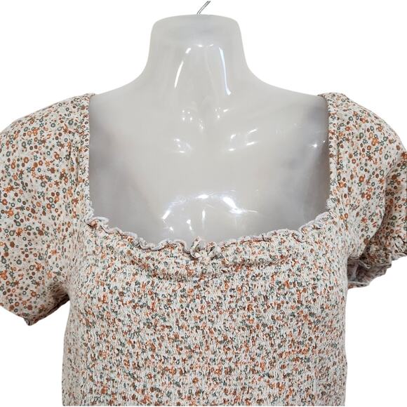 AE Aerie Micro Floral Puff Sleeve Cropped Blouse Smocked Square Neck Large - Picture 3 of 9